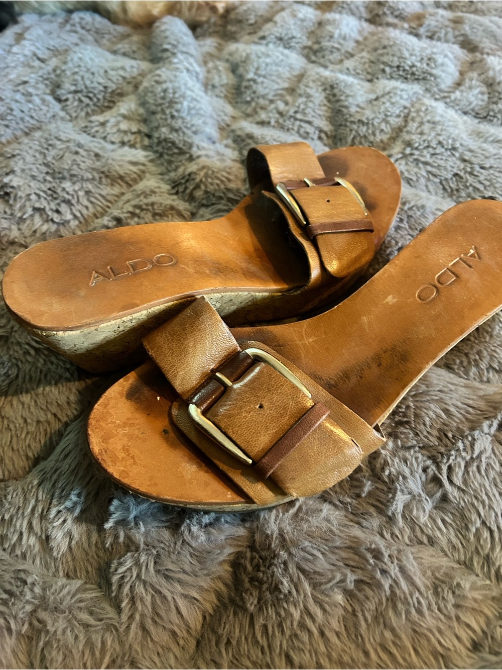 ALDO Brown Leather Buckle Cork Wedge Sandals